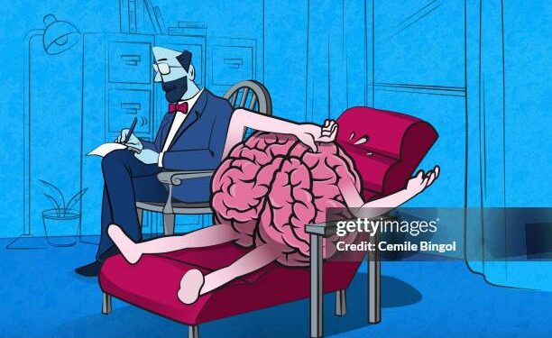 The psychologist is listening the sad brain character that lying on couch. (Used clipping mask)